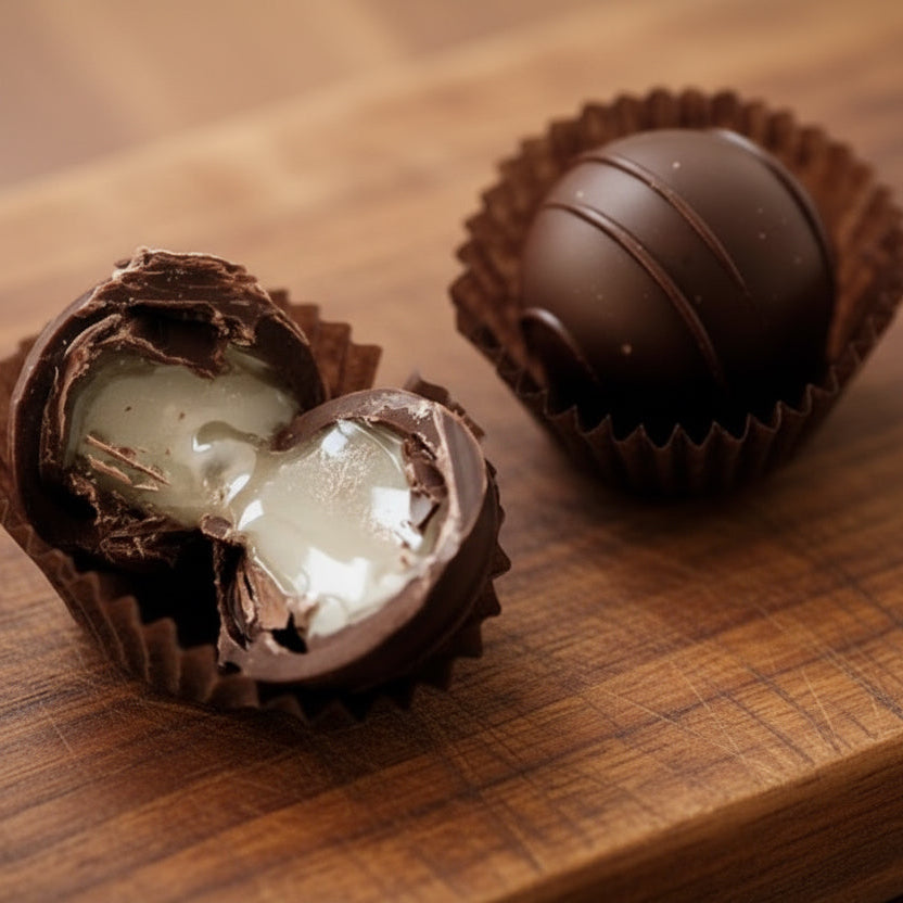 Honigpraline aufgeschnitten in der Sorte Minze in Zartbitter Schokolade