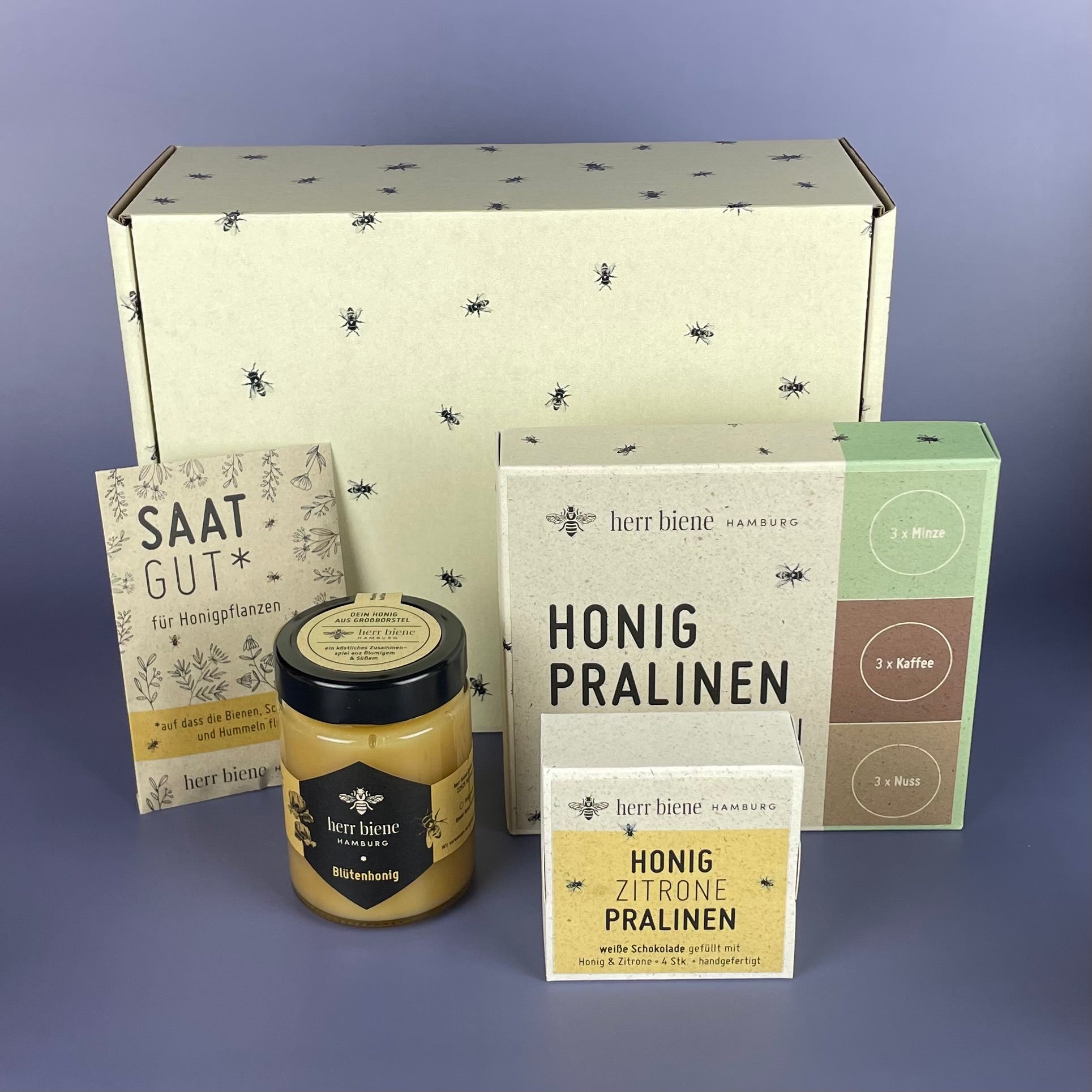 Geschenkbox mit Banderole / Honigpralinen 9er