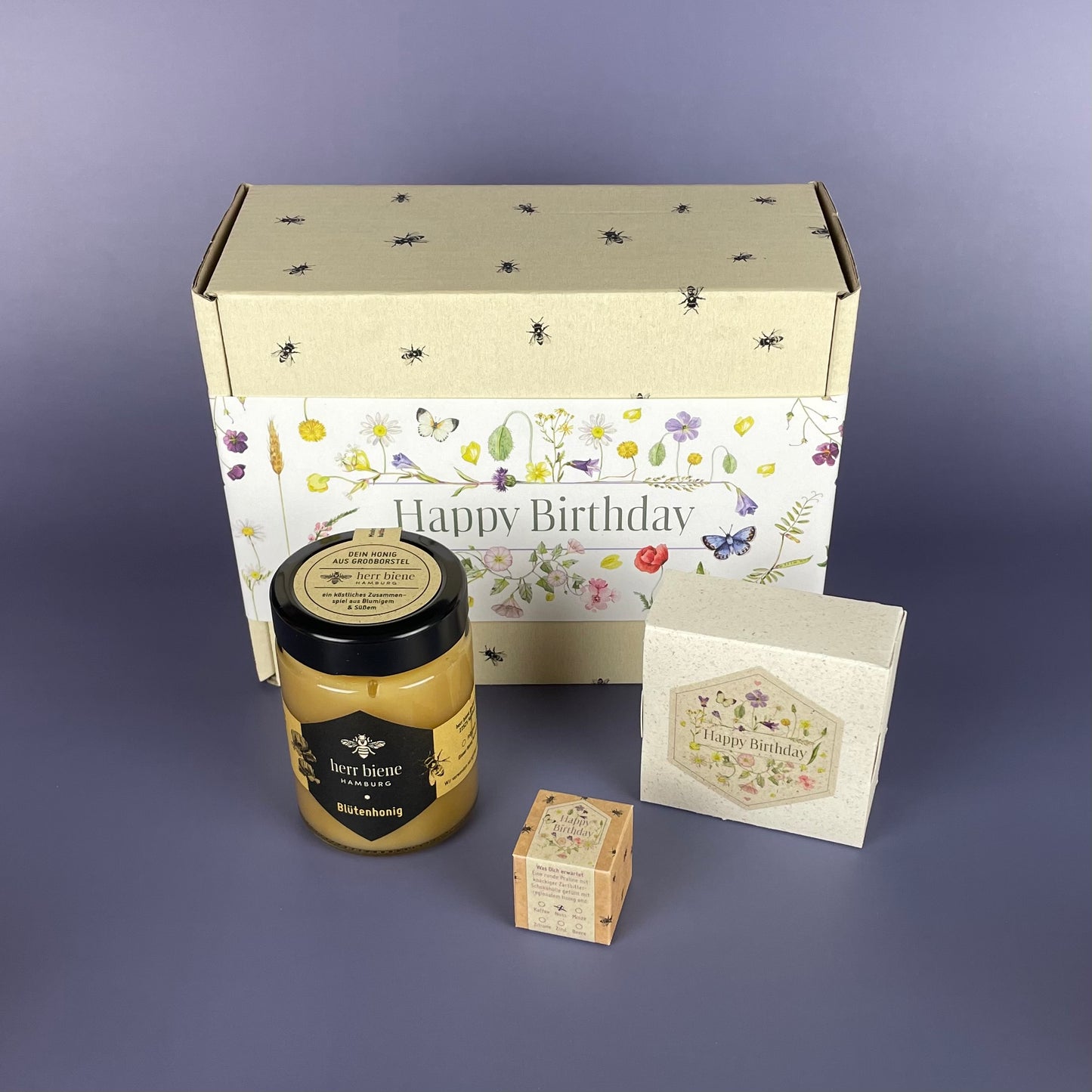 Geschenkbox mit Banderole I Happy Birthday Blumen (M)