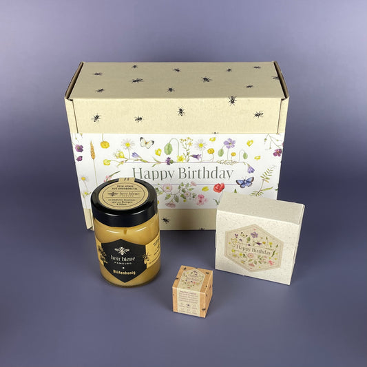 Geschenkbox mit Banderole I Happy Birthday Blumen (M)