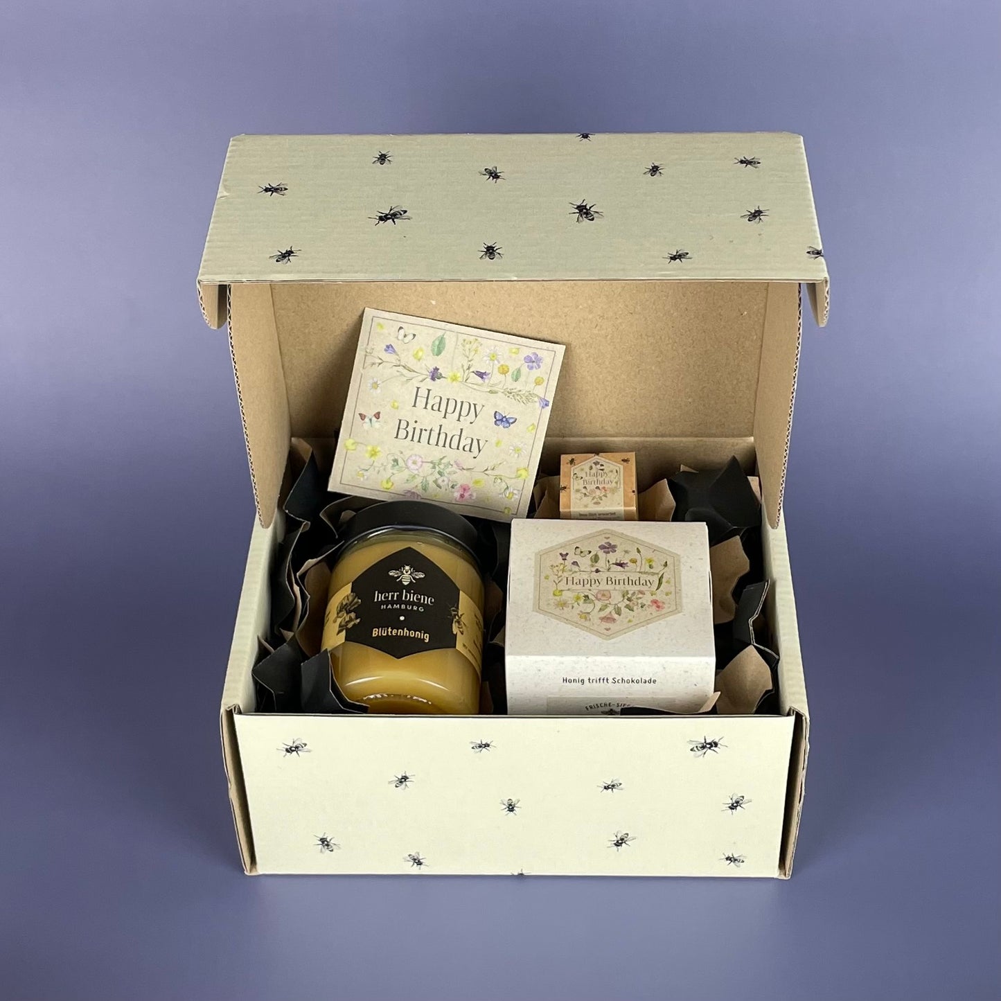 Geschenkbox mit Banderole I Happy Birthday Blumen (M)