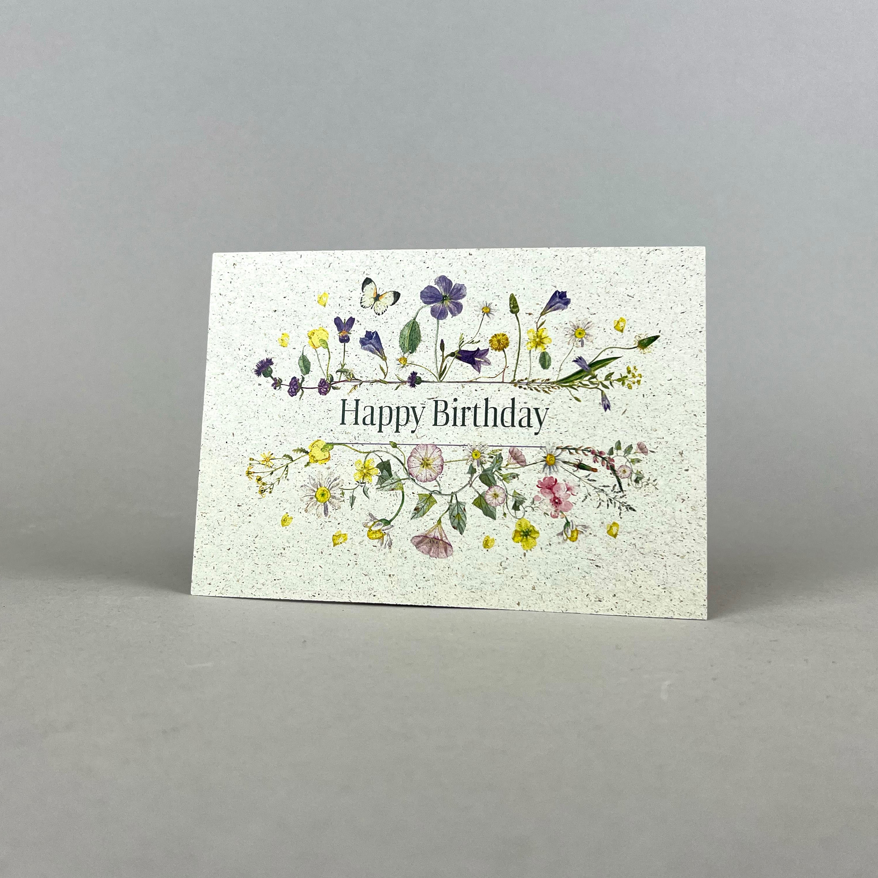 Graspapier Postkarte | Happy Birthday (blumig)